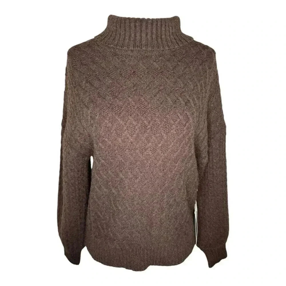 NEW Evolution By Cyrus Petite Small Brown Turtleneck Cable Knit Pullover Sweater